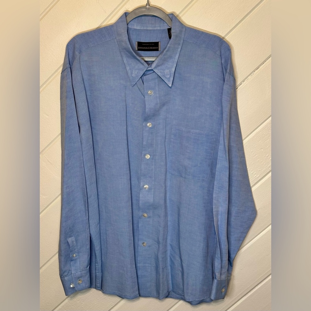 Johnston & Murphy Linen Blend Button Down L/S Shirt in Blue, Size XXL